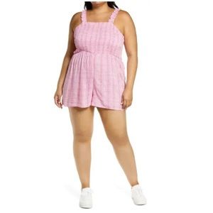 BP. Smocked Bodice Pink Geodot Plaid Women's Shorts Romper PLUS SIZE